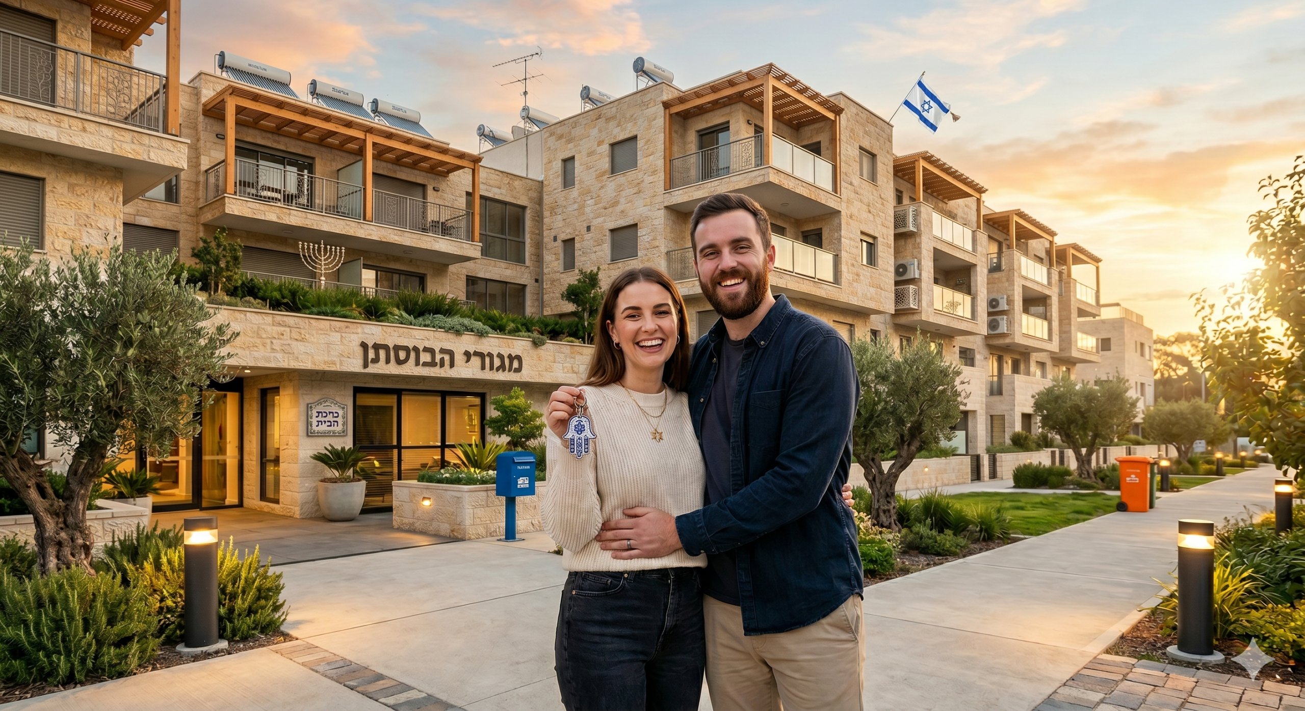 זוג ישראלי מחויך ומאושר מחוץ לבניין מגורים חדש שבו רכשו דירה